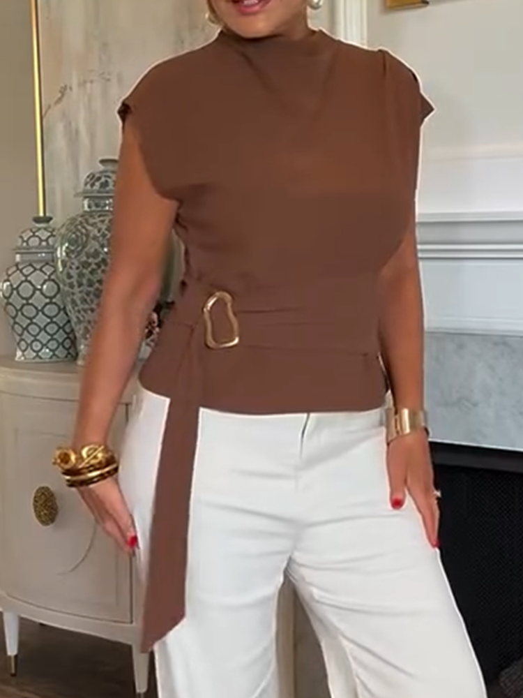 Damski top casualowy z okrągłym dekoltem i metalową klamrą Damski top casualowy z okrągłym dekoltem i metalową klamrą