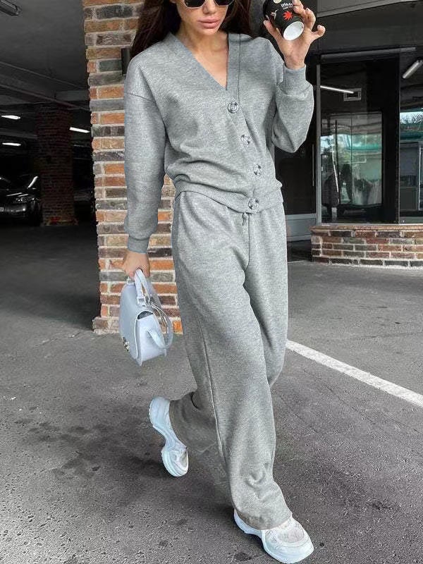 Women's Knitted Buttoned Jacket and Pants Two-piece Set