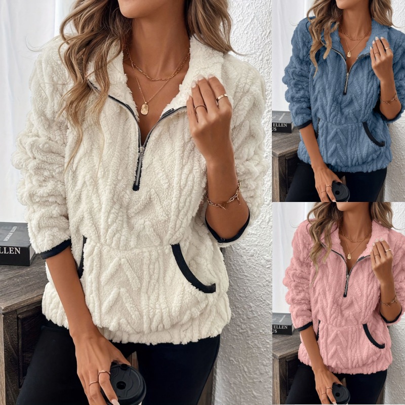 Contrast color half-open collar plush sweatshirt