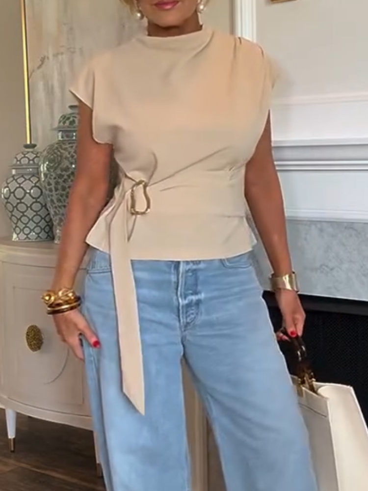 Damski top casualowy z okrągłym dekoltem i metalową klamrą Damski top casualowy z okrągłym dekoltem i metalową klamrą
